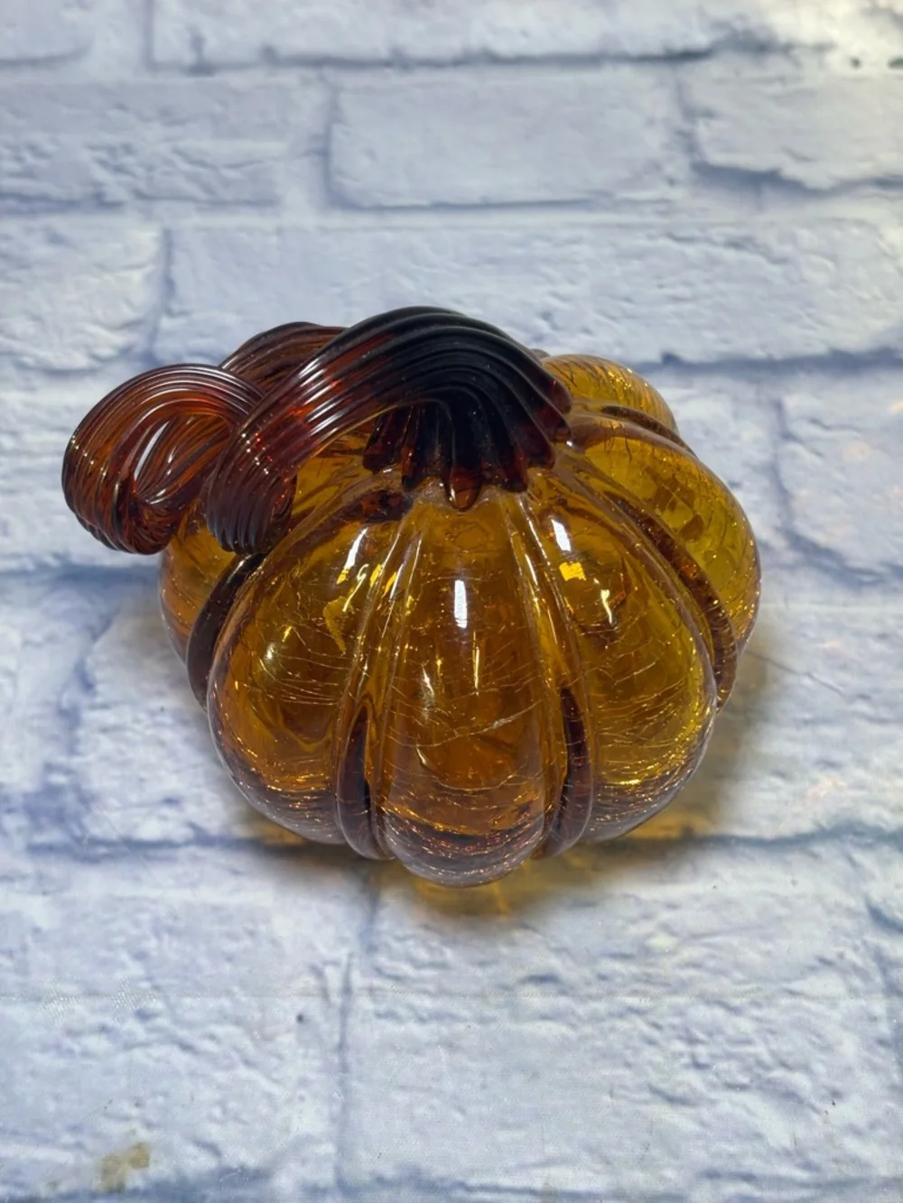 Glass Amber Pumpkin Hand Blown Crackle Finish Thanksgiving Curly Steam Pier One